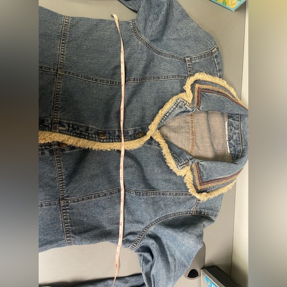 Women’s long denim jacket size large with tan fray design - Picture 10 of 12